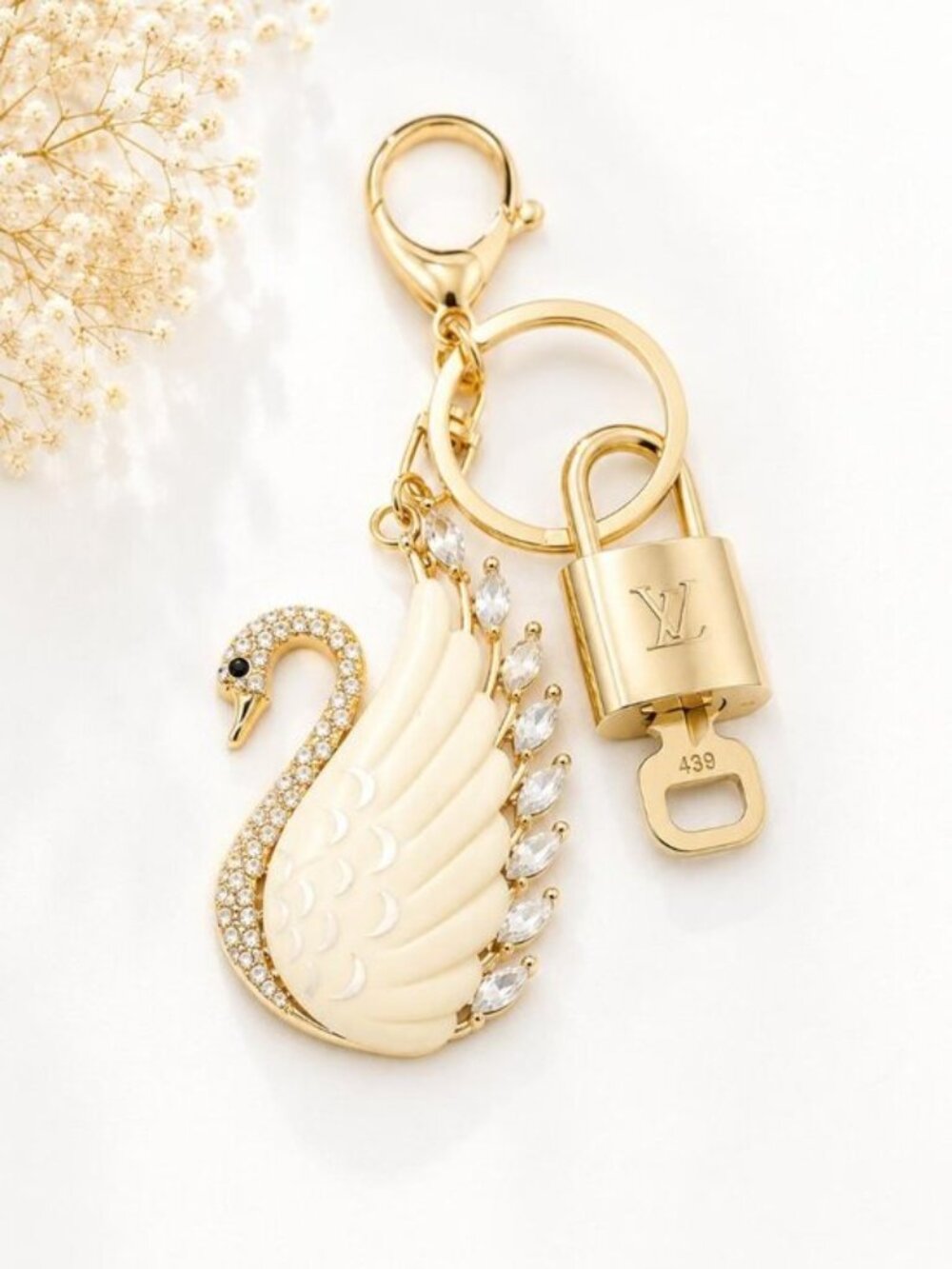 Authentic LV Gold Padlock & Key 🔑 Designer Bag Charm w/ Unbranded Swan Keychain